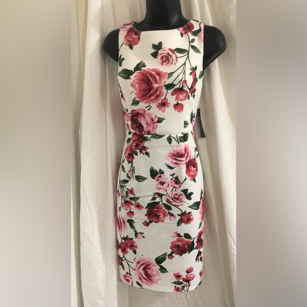 Ivory red pink roses floral sleeveless scuba fit sheath dress size 10 petite new